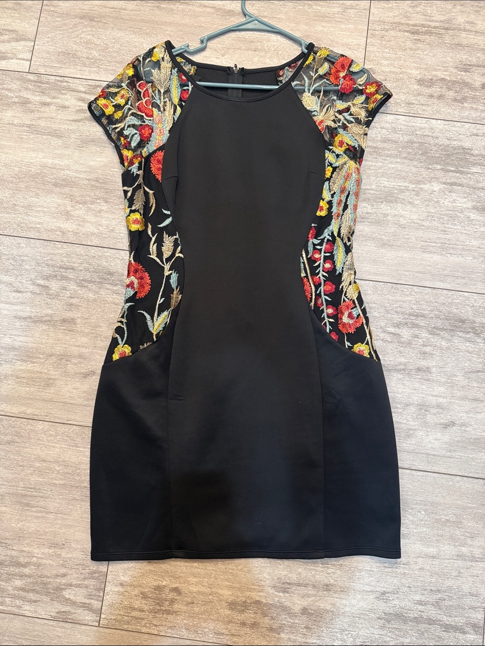 Black Mini Dress with Multicolor Floral Embroidery - Women's Short Sleeve